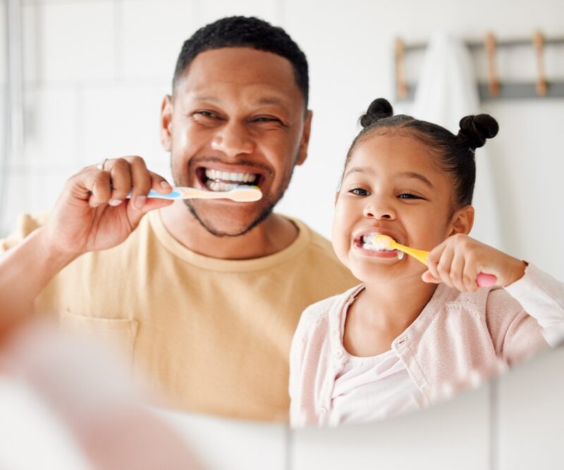 Child,,Dad,And,Brushing,Teeth,In,A,Family,Home,Bathroom